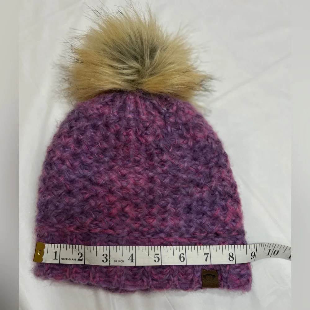 Appaman Kids Purple Knit Beanie Hat Faux Fur Pom Size Large (8–10Y)